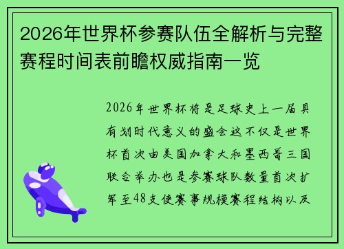 2026年世界杯参赛队伍全解析与完整赛程时间表前瞻权威指南一览